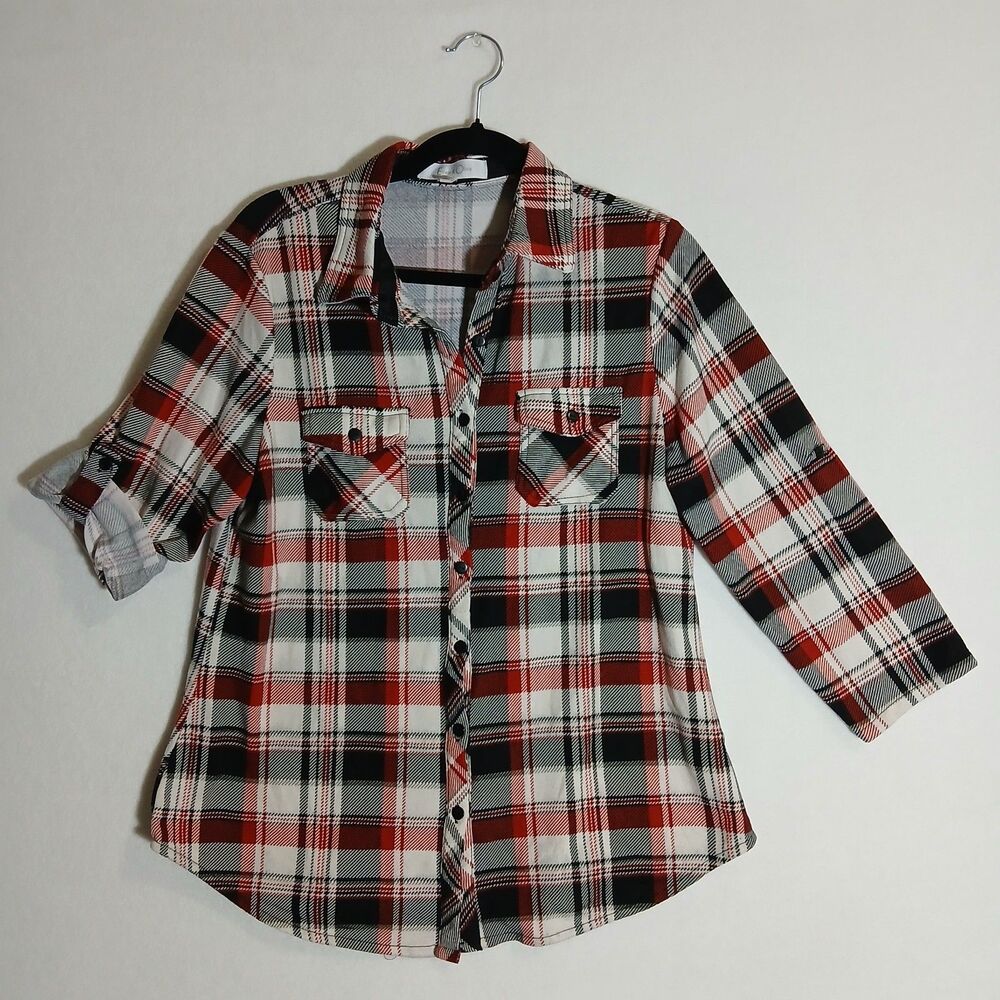 Eden & Olivia Womens Large Red Blue Plaid Flannel Western Pocket Camp #624